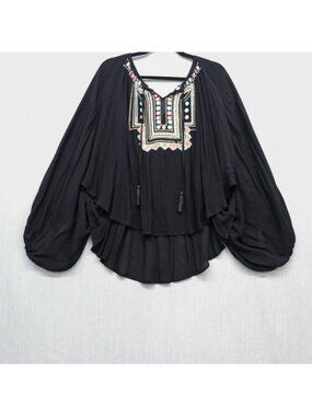 Z&L Europe Embroidered Poncho Tunic Top Large Black Boho Batwing Oversized